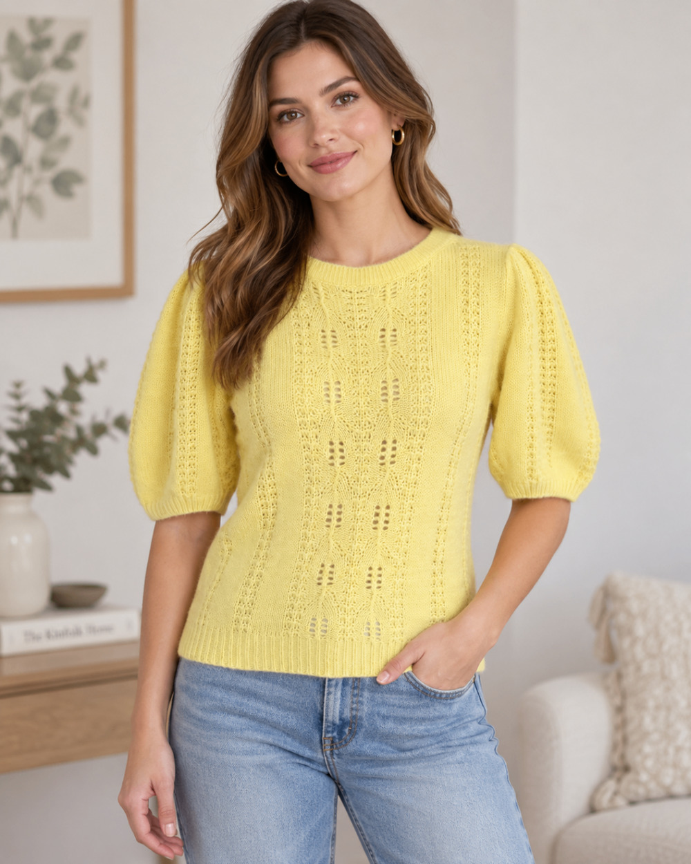 Vintage Robinson's Yellow Silk Angora Open Knit Sweater Puff Sleeve Women L Top